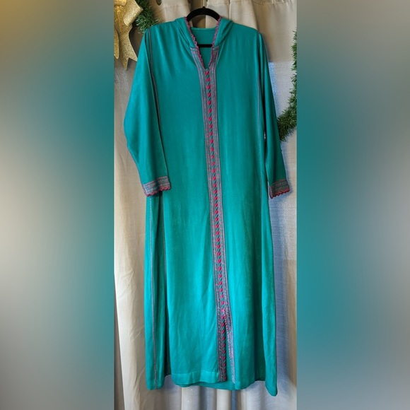 Tradit Djellaba Womens Long Hooded Kaftan Teal Pink Embroidered Pocket Holes - Picture 1 of 9